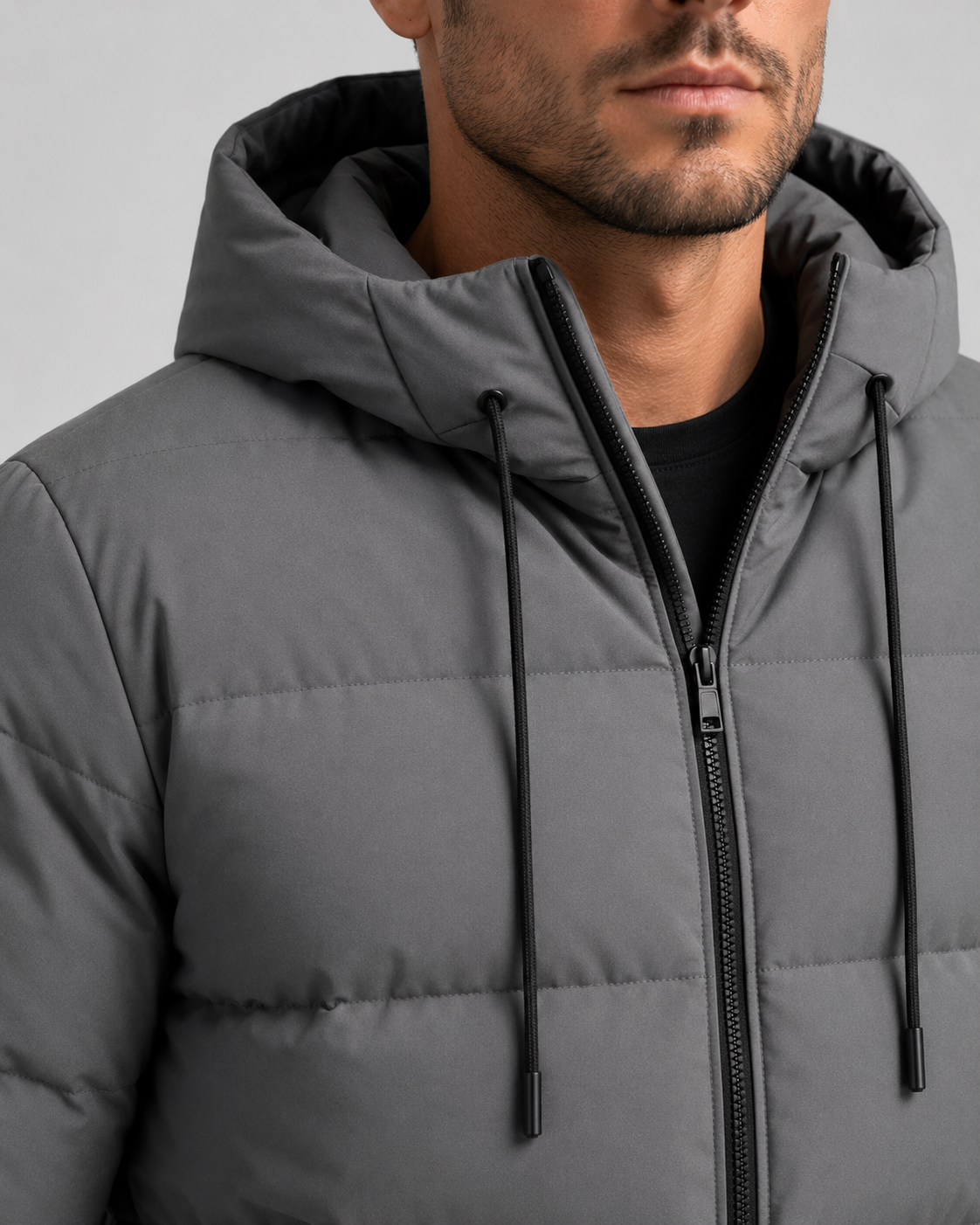 Quilted Puffer Jacket Drawstring Hood Zip Pockets