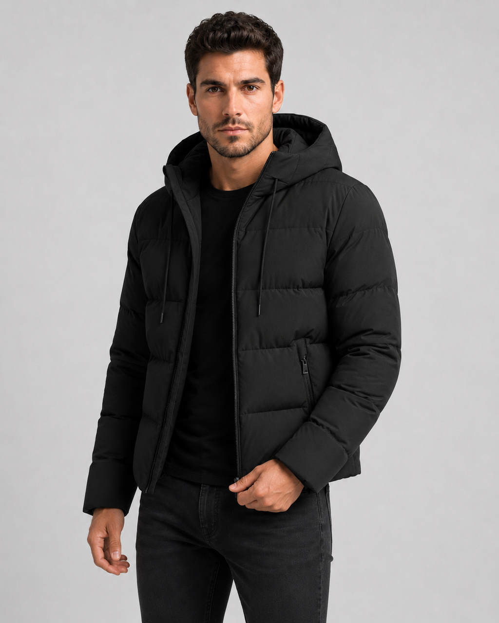 Quilted Puffer Jacket Drawstring Hood Zip Pockets
