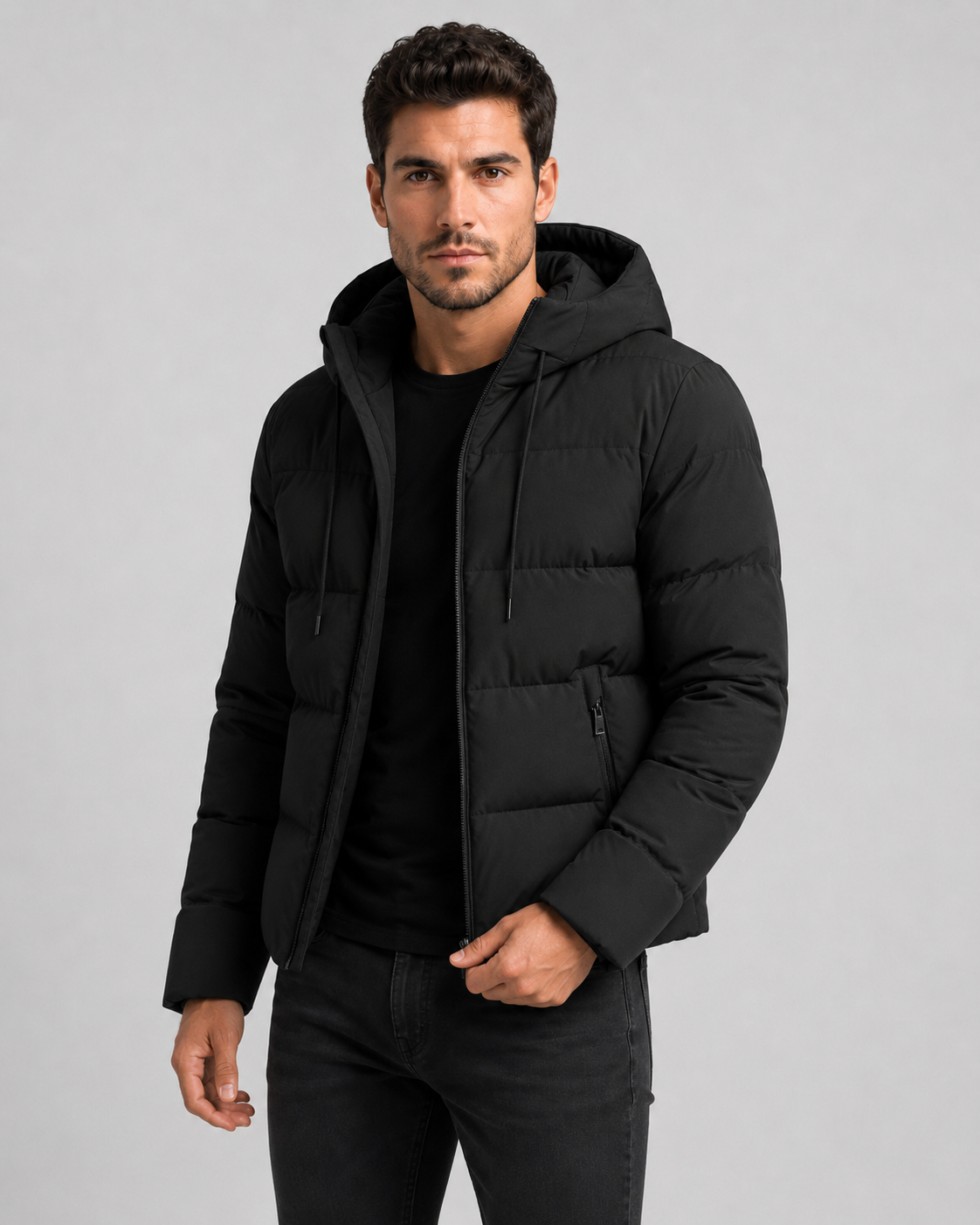 Quilted Puffer Jacket Drawstring Hood Zip Pockets