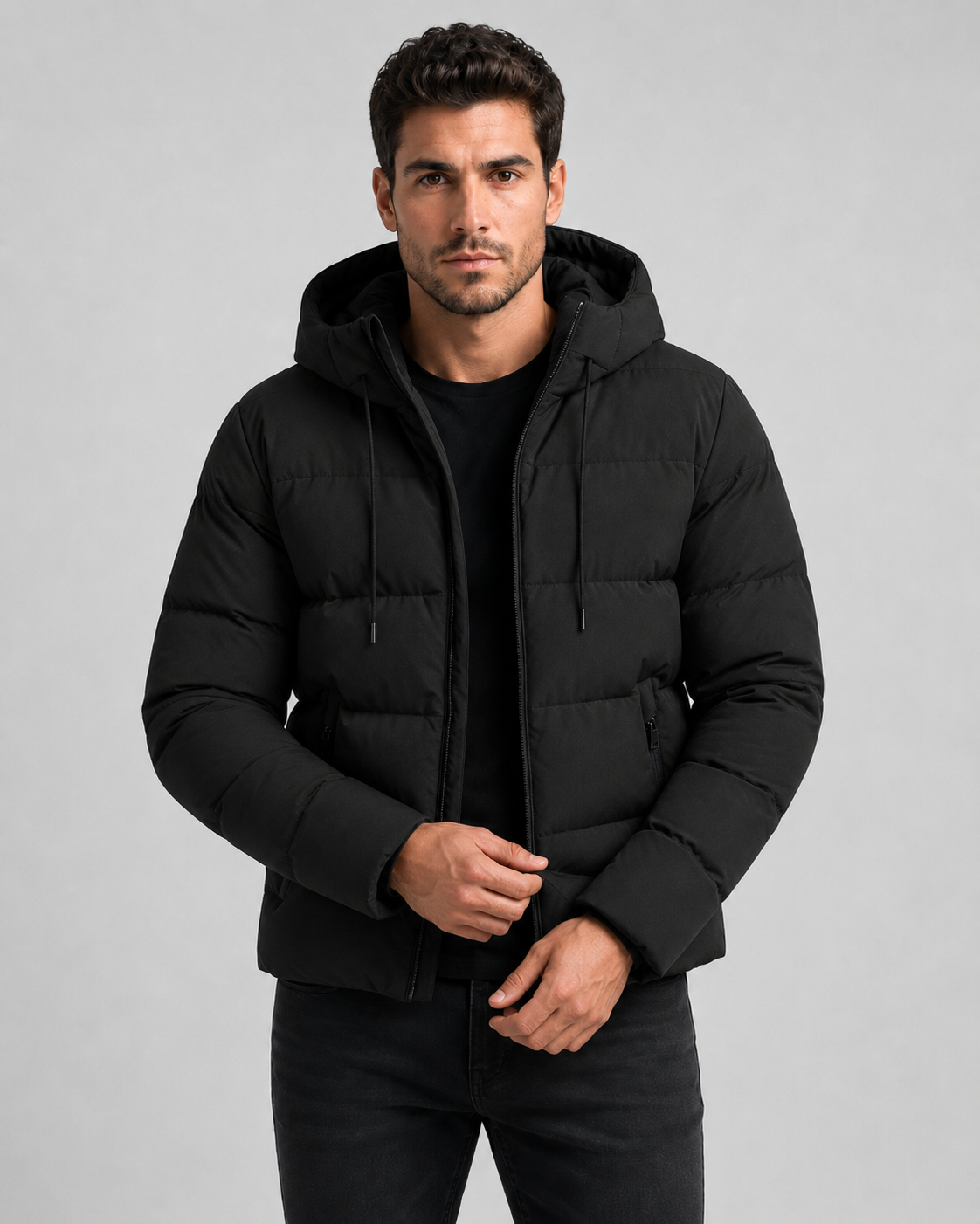 Quilted Puffer Jacket Drawstring Hood Zip Pockets