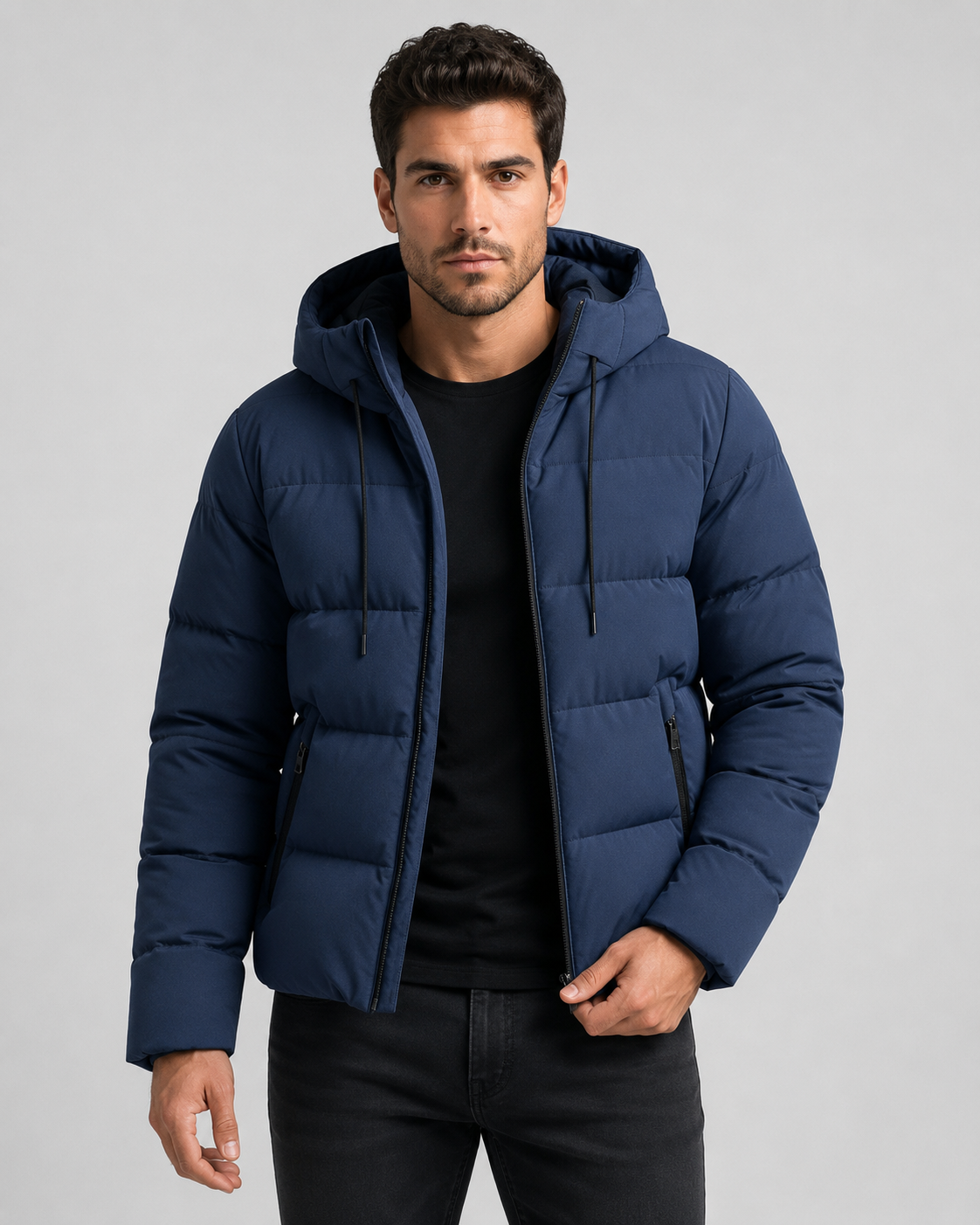 Quilted Puffer Jacket Drawstring Hood Zip Pockets
