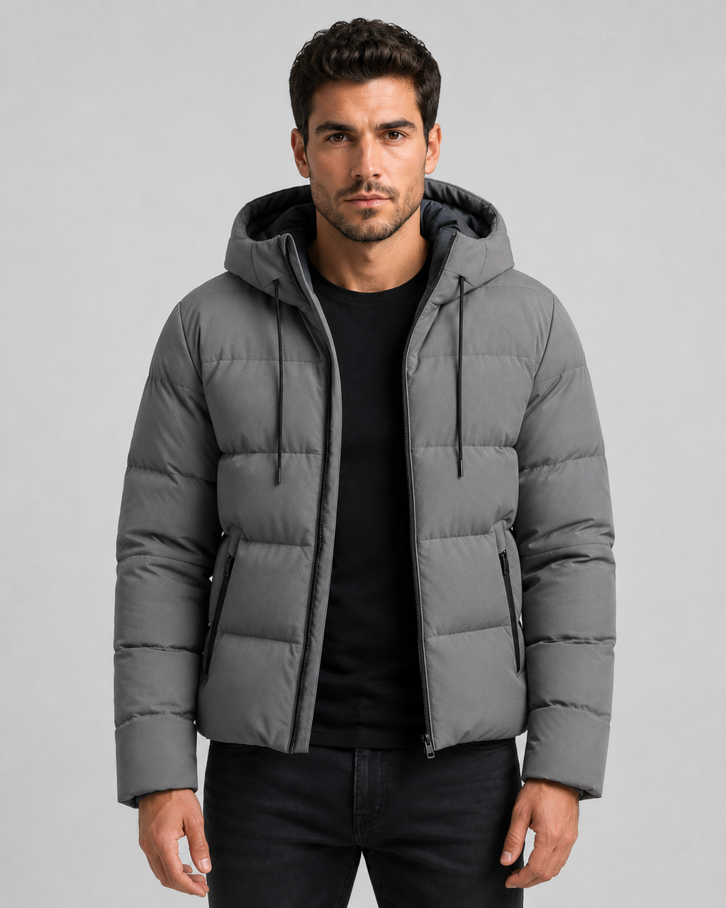 Quilted Puffer Jacket Drawstring Hood Zip Pockets in grey, front view
