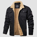 Sherpa-lined cotton trucker jacket in black, front view