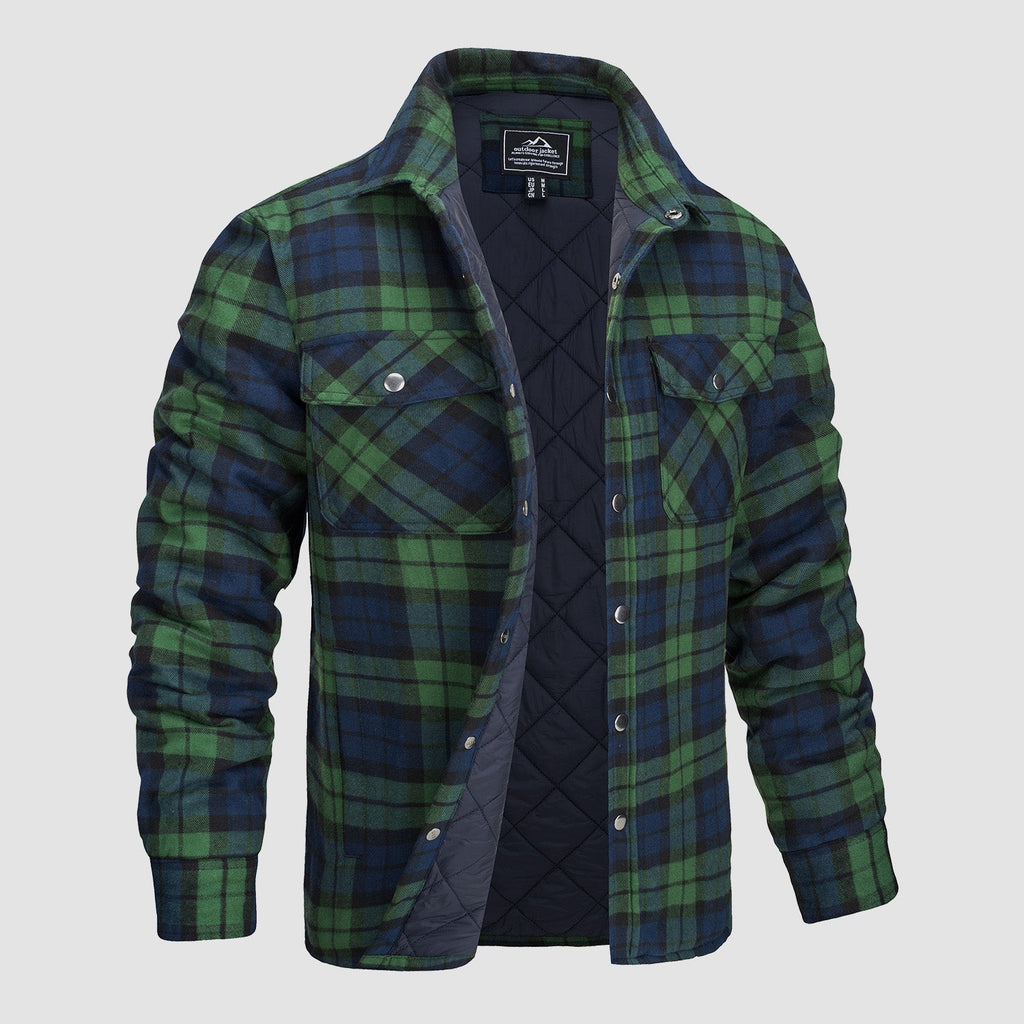 Quilted flannel padded shirt jacket in green, front view
