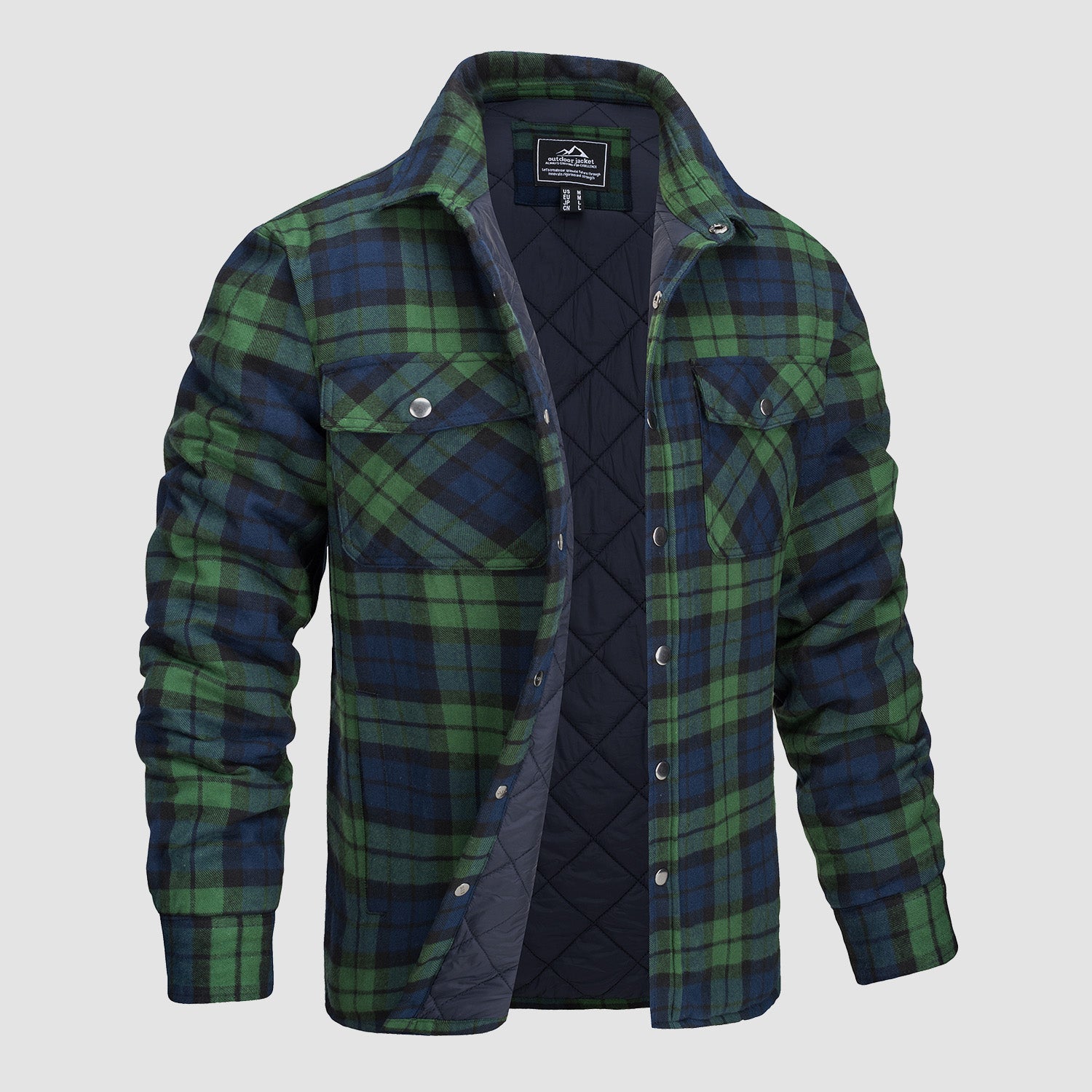 Quilted flannel padded shirt jacket in green, front view