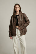 Faux leather jacket in vintage brown, front view