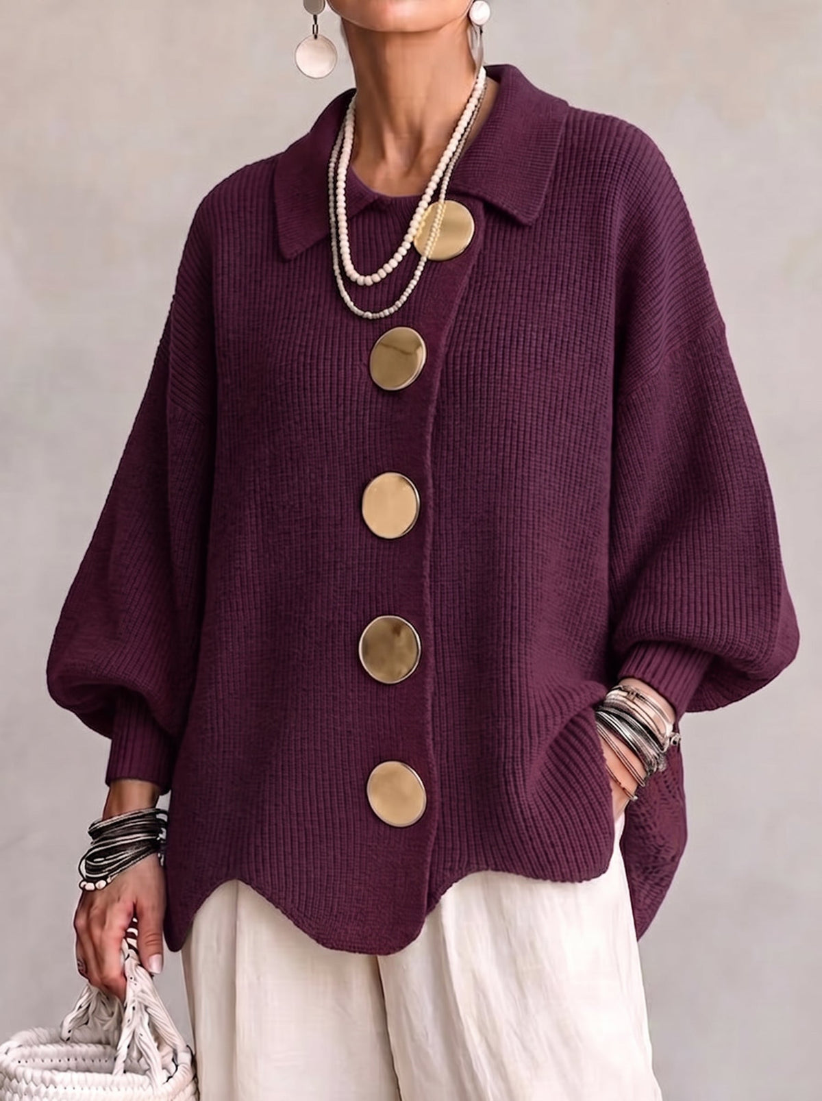 Oversized Cardigan Knit Scalloped Hem