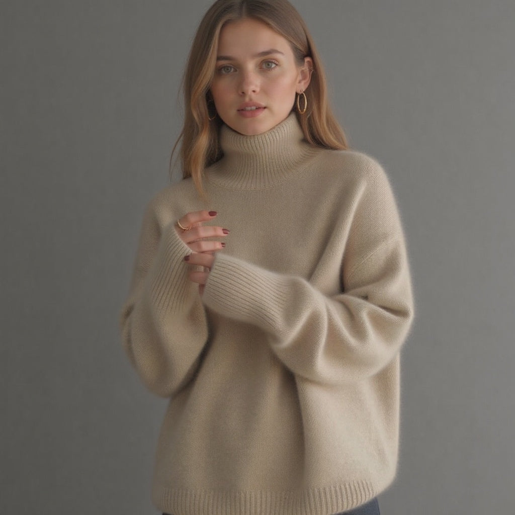 Oversized chunky knit turtleneck jumper in beige, front view
