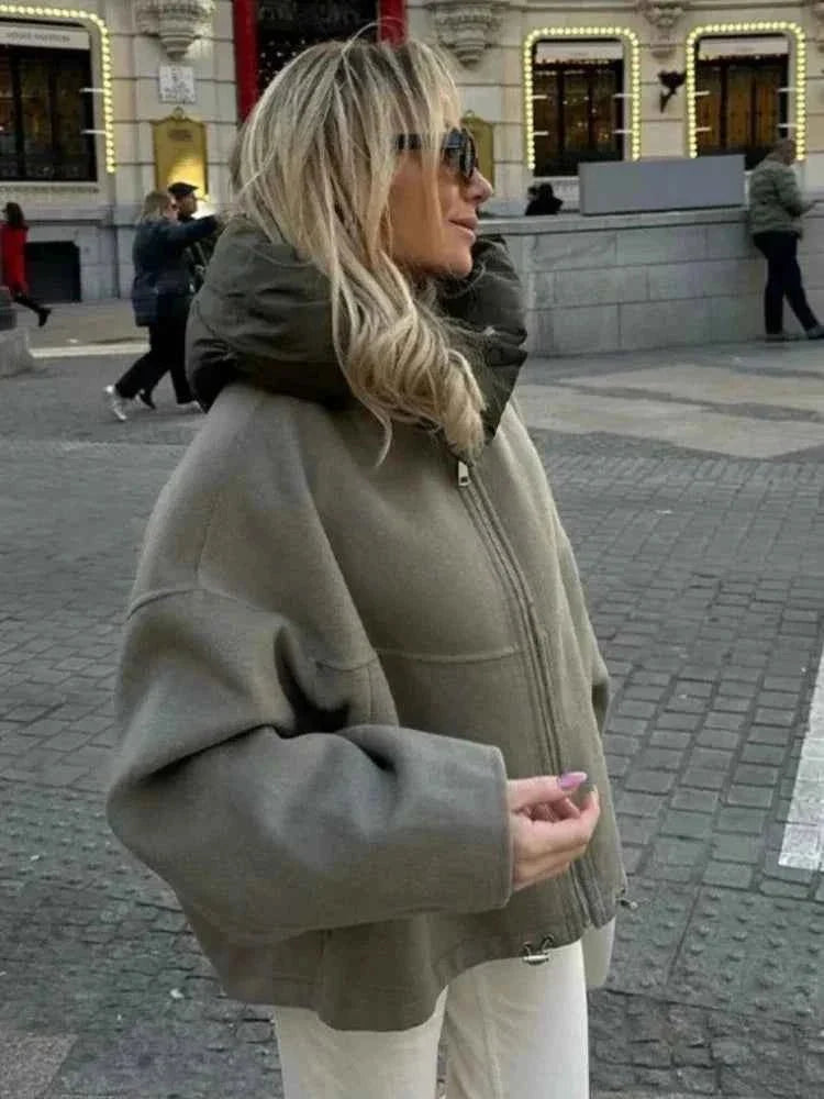 Oversized quilted hooded jacket in olive, front view
