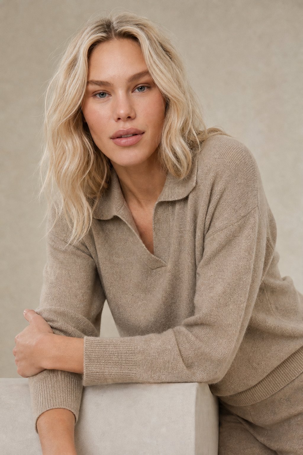 Two piece knit set with polo collar in camel, front view