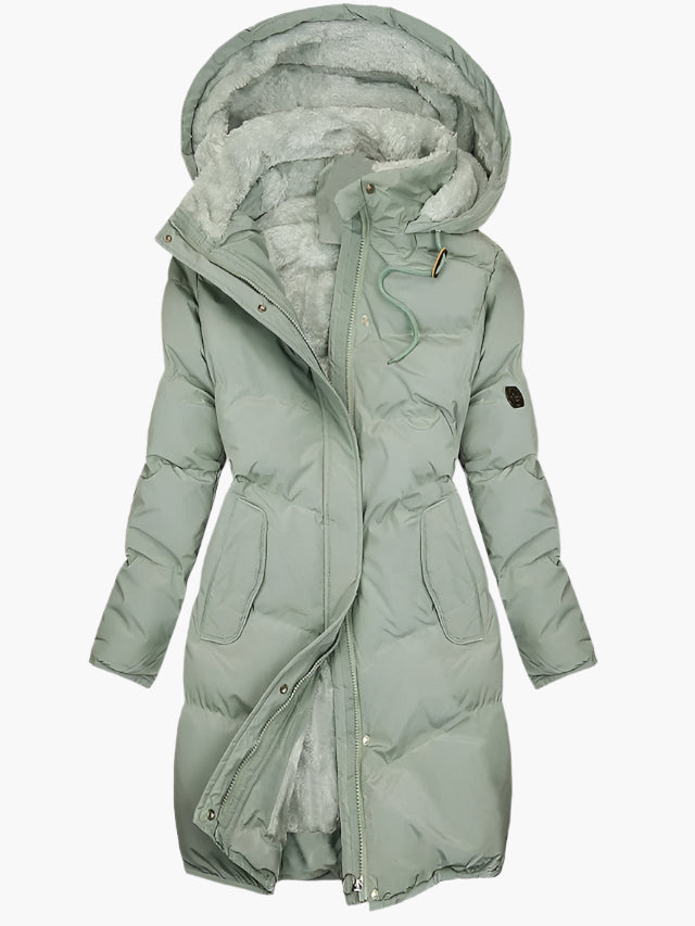 Long hooded quilted winter coat in black, front view