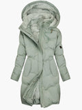 Long hooded quilted winter coat in black, front view