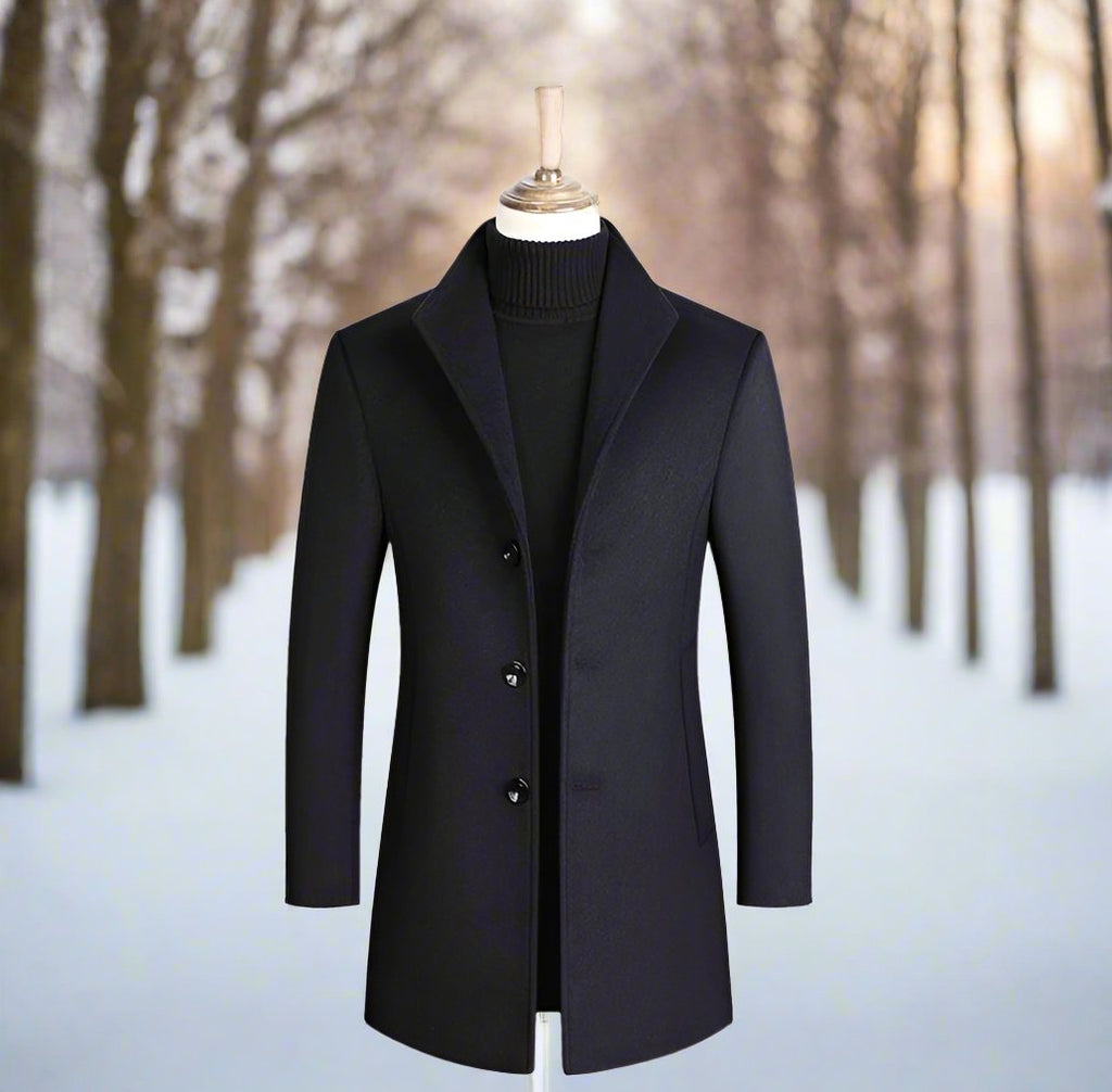 Single breasted tailored overcoat with classic collar in black, front view