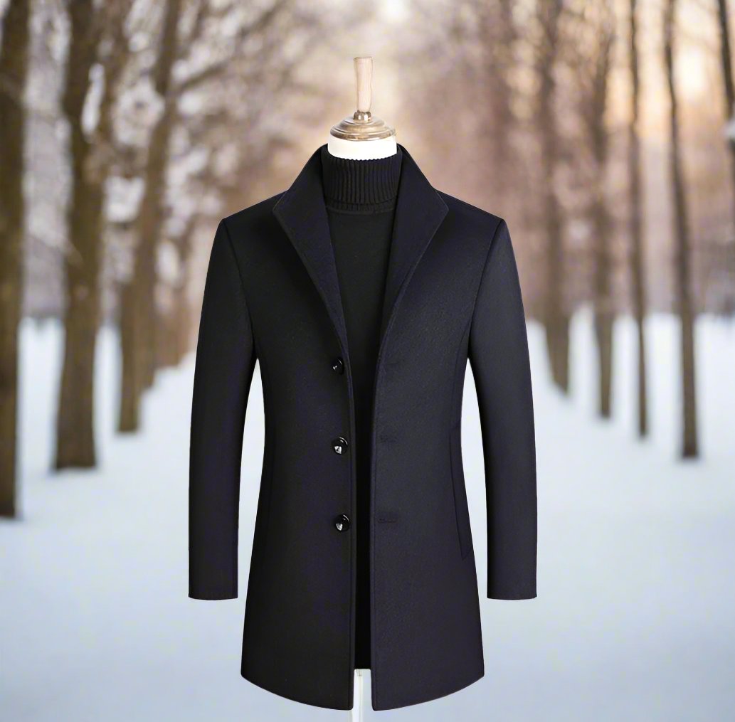 Single breasted tailored overcoat with classic collar in black, front view