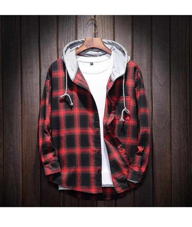 Plaid Hooded Shirt Casual Cotton