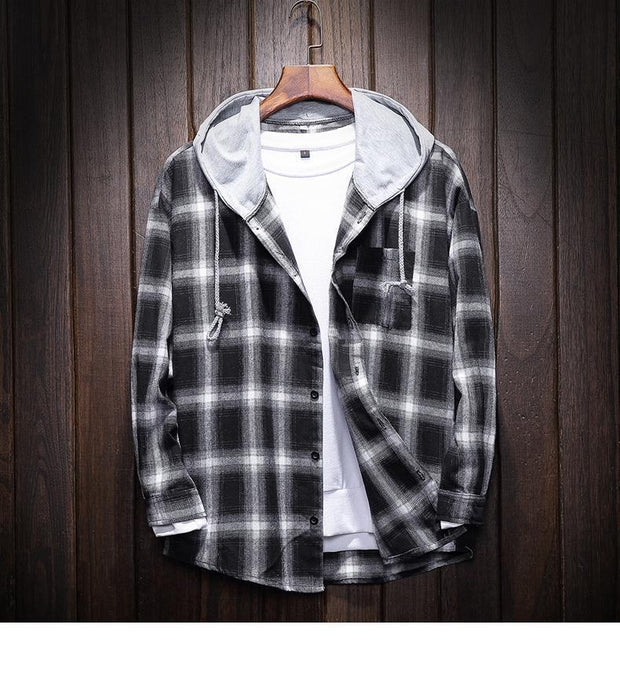 Plaid Hooded Shirt Casual Cotton