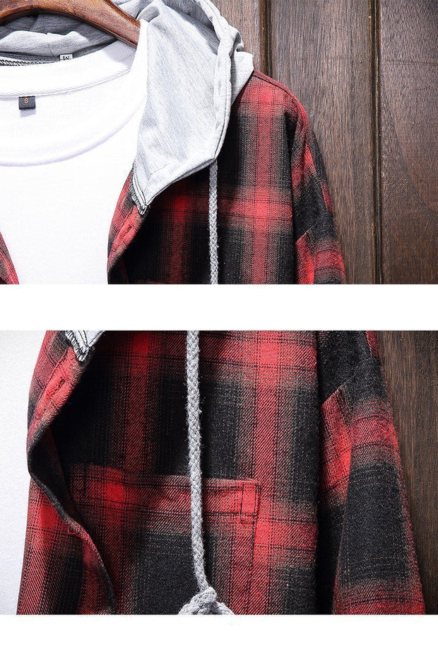 Plaid Hooded Shirt Casual Cotton
