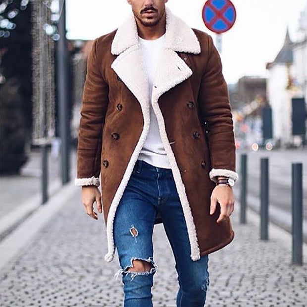Fleece-lined suede-look coat in brown, front view