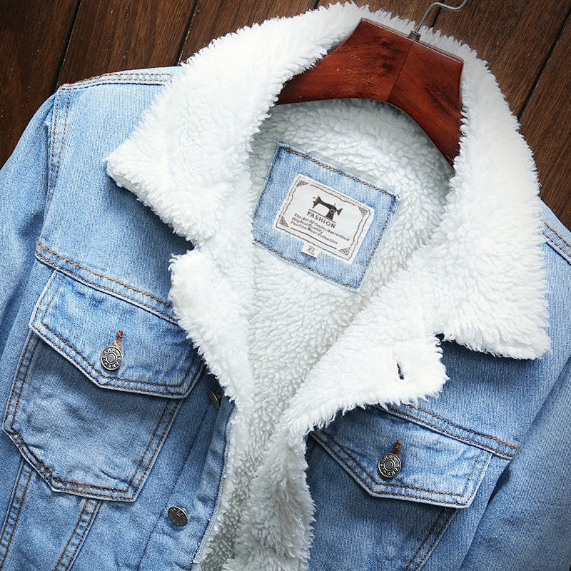 Fleece lined denim jacket in light blue, front view