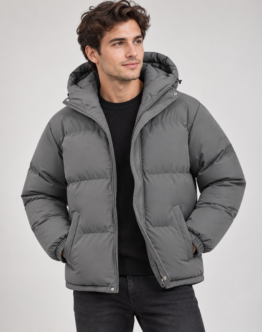Quilted Puffer Jacket Hooded Zip Front