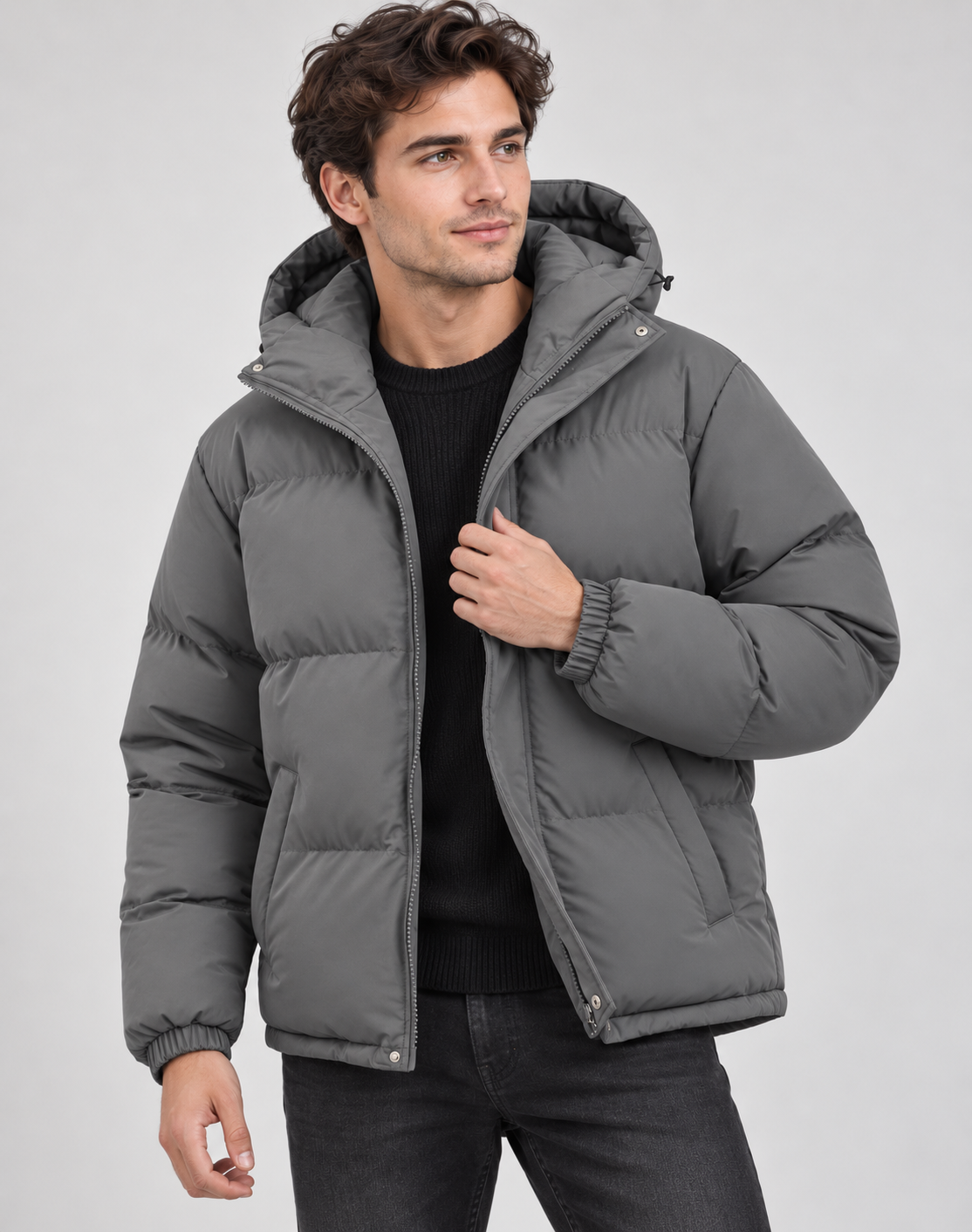 Quilted Puffer Jacket Hooded Zip Front