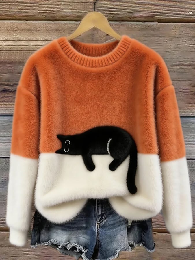 Soft knit jumper with cat motif in orange, front view