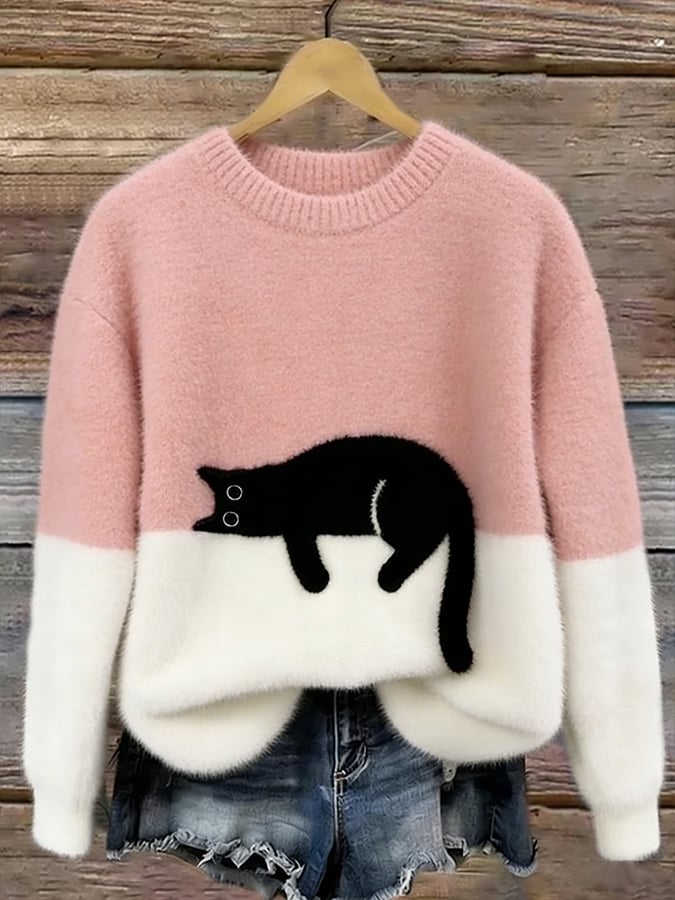 Jumper Cat Motif Relaxed Crew Neck