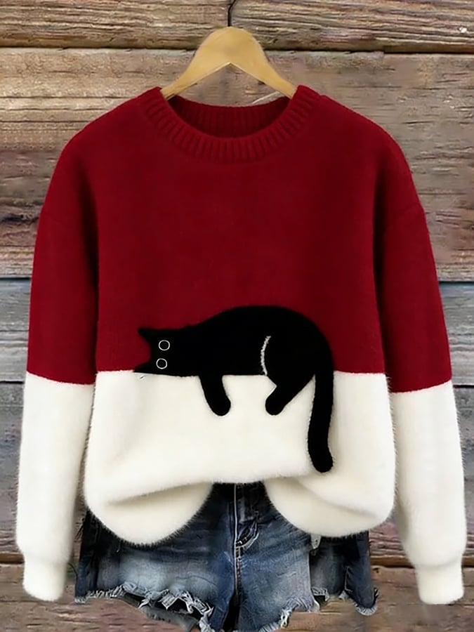 Jumper Cat Motif Relaxed Crew Neck