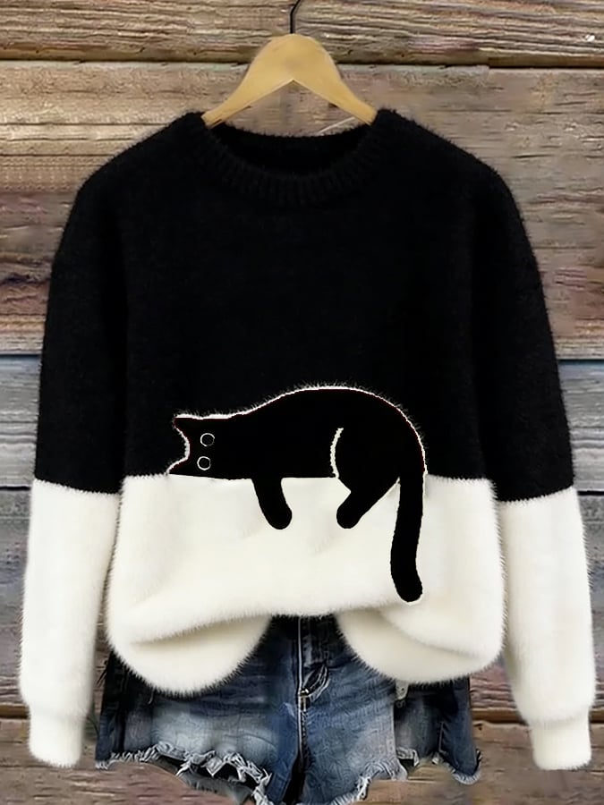 Jumper Cat Motif Relaxed Crew Neck