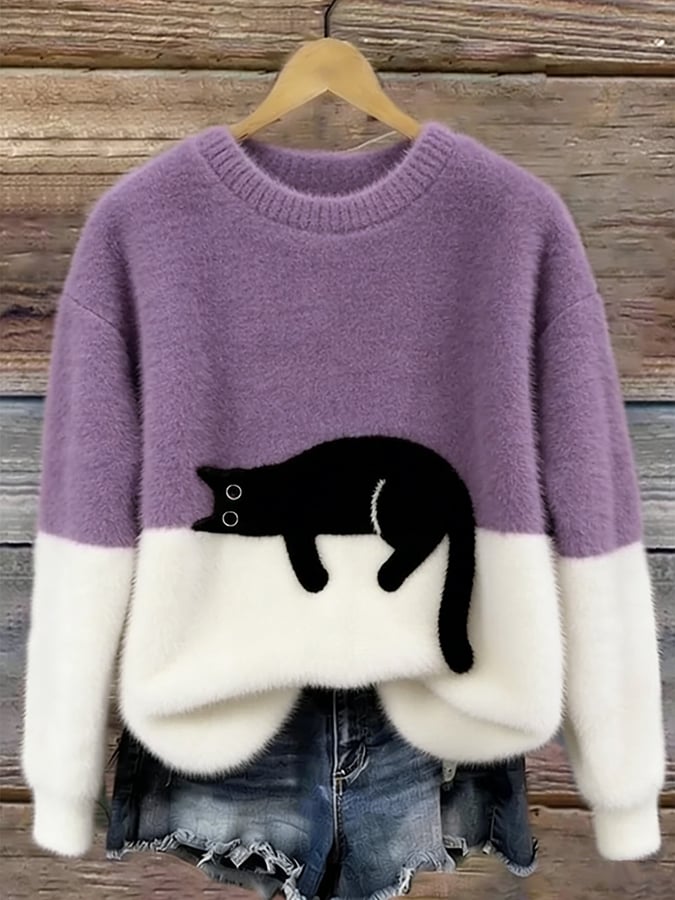 Jumper Cat Motif Relaxed Crew Neck