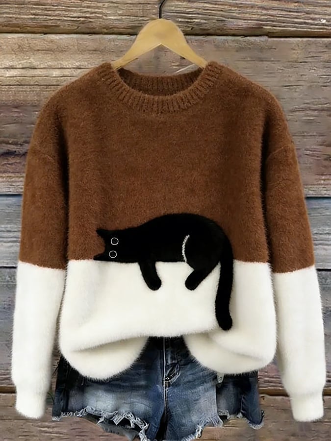 Jumper Cat Motif Relaxed Crew Neck