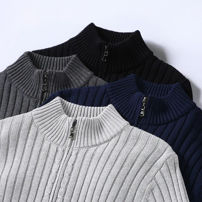 Zip Front Knit Cardigan Ribbed Trim