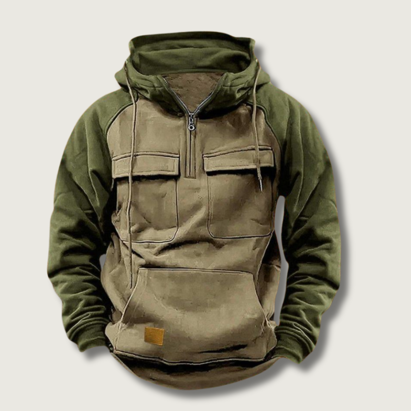 Colour block quarter zip hoodie in grey, front view