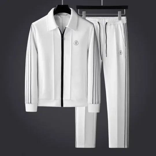 Athletic tracksuit with side stripes in white, front view