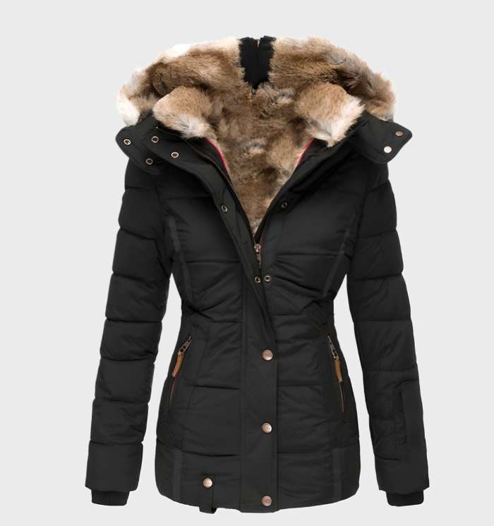 Slim fit hooded winter jacket in black, front view