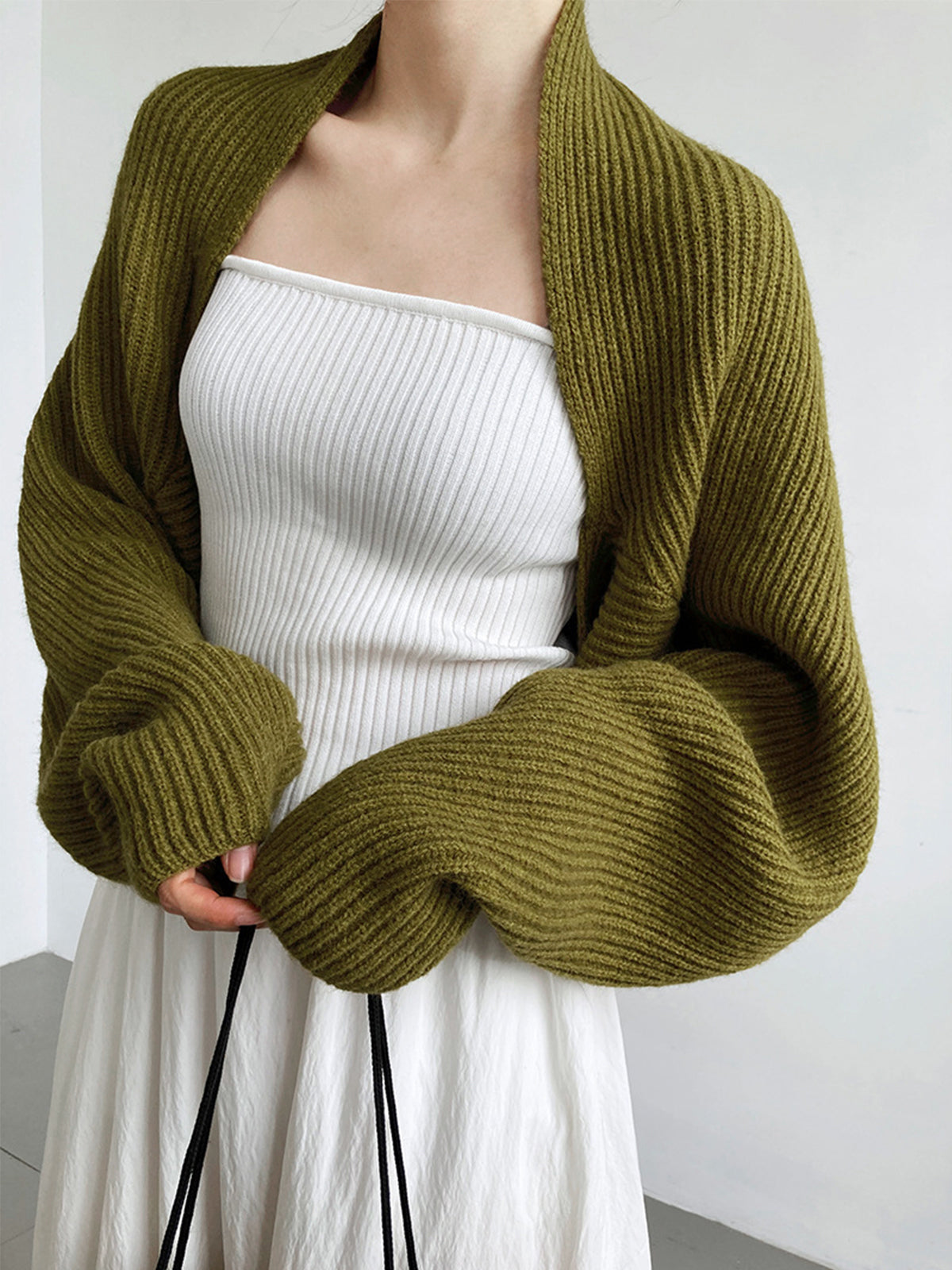 Open front shrug cardigan in olive, front view