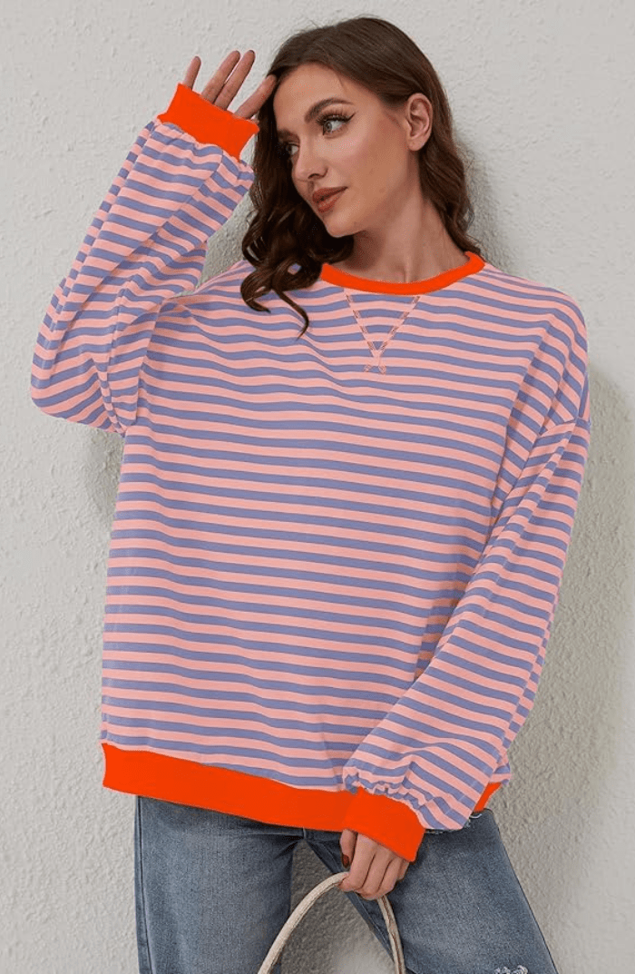 Striped Sweatshirt Relaxed Crew-Neck Top