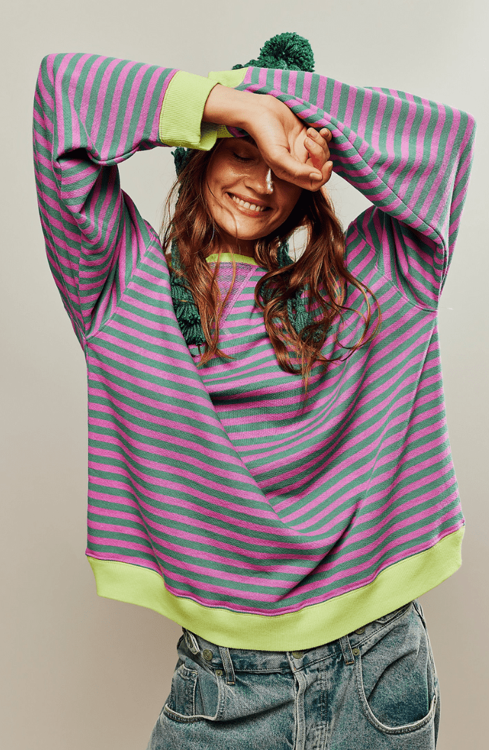 Relaxed striped crew-neck sweatshirt in purple, front view