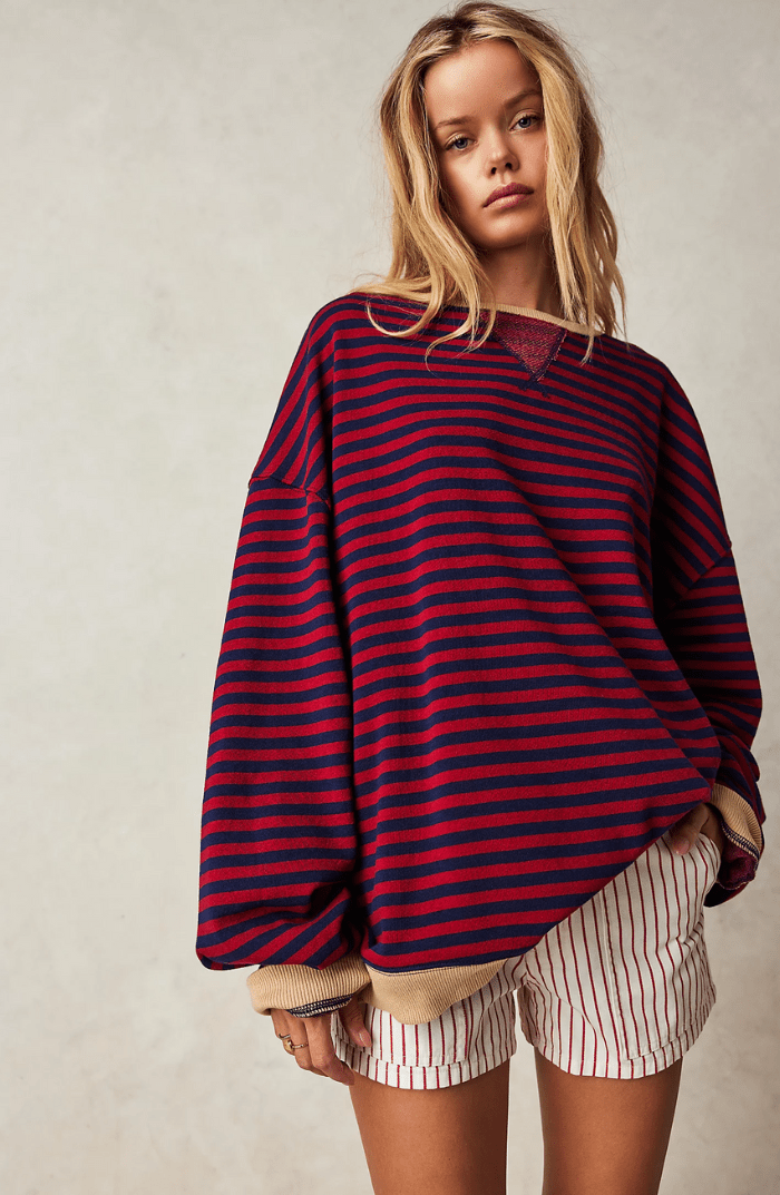 Striped Sweatshirt Relaxed Crew-Neck Top