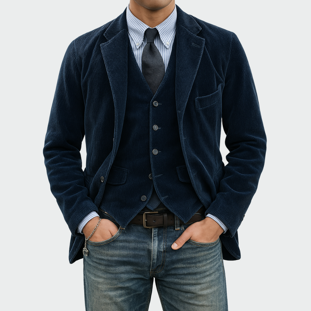 Blazer and waistcoat set in blue, front view