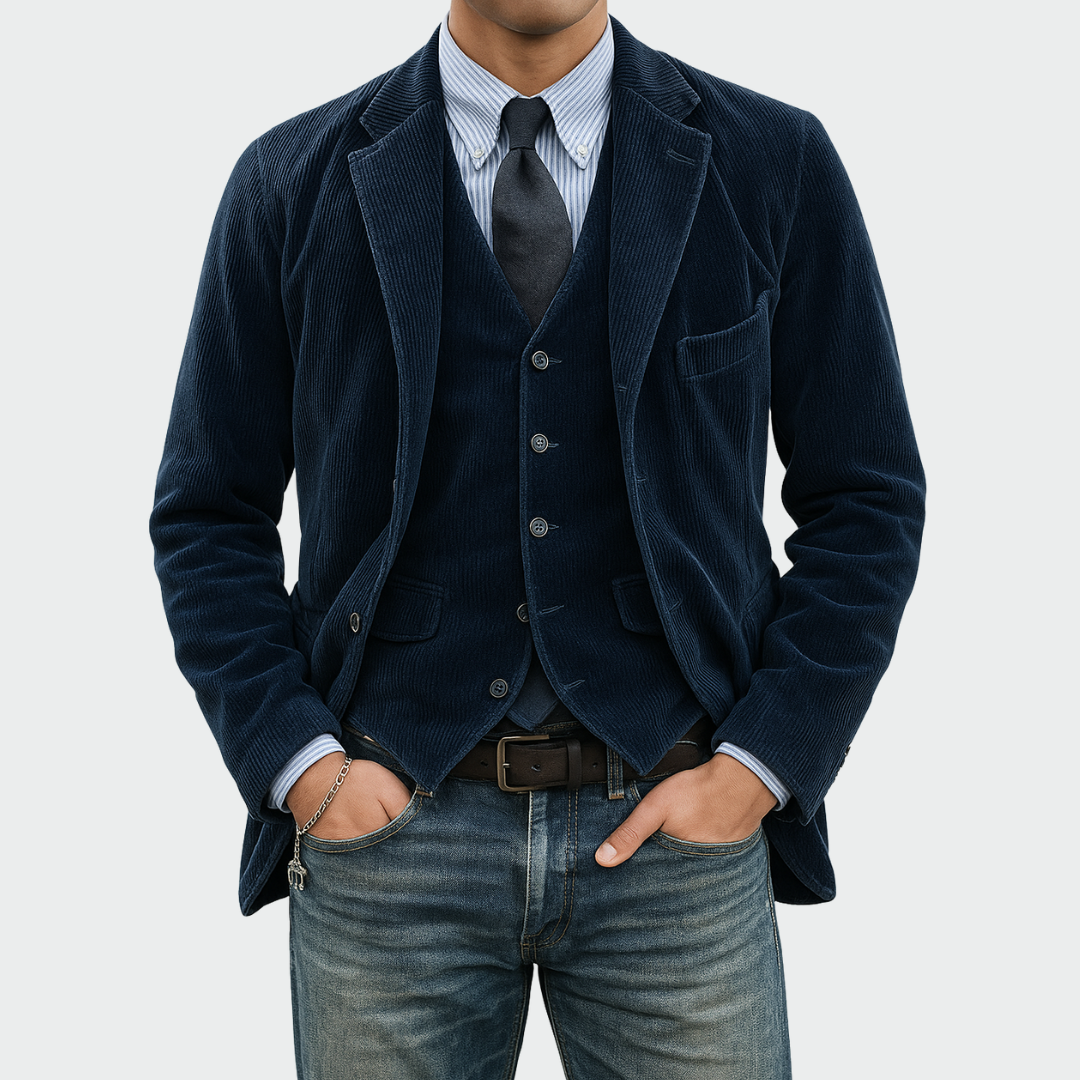 Blazer and waistcoat set in blue, front view