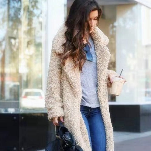 Long soft teddy fleece coat in camel, front view