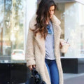 Long soft teddy fleece coat in camel, front view