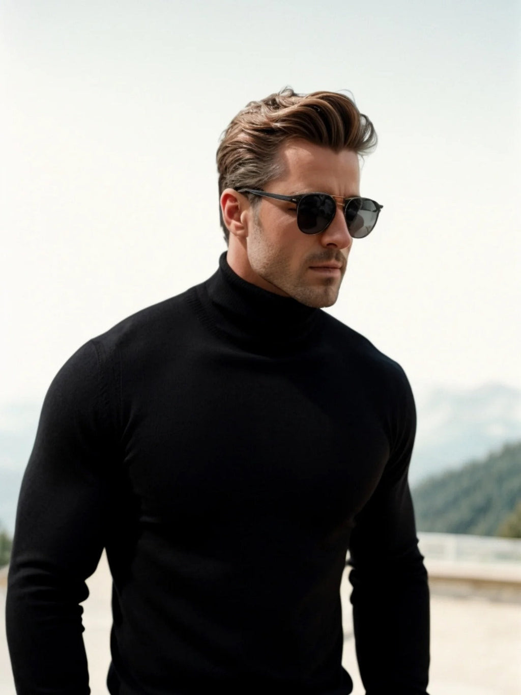 Merino wool turtleneck jumper in beige, front view