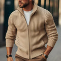 Full zip thermal knit cardigan in beige, front view