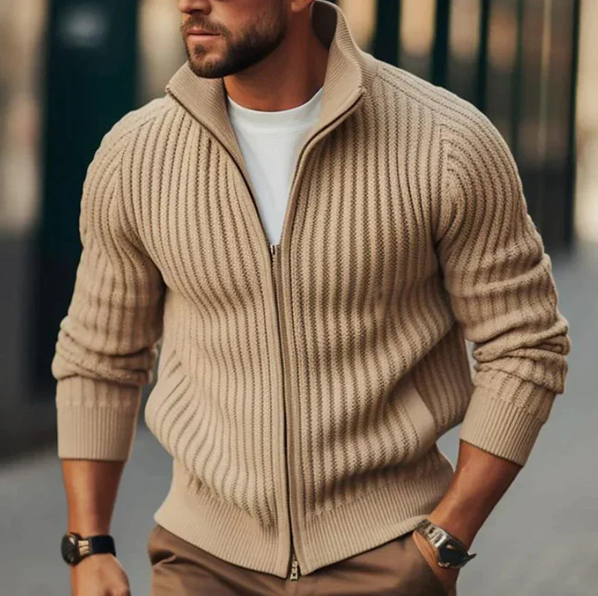 Full zip thermal knit cardigan in beige, front view