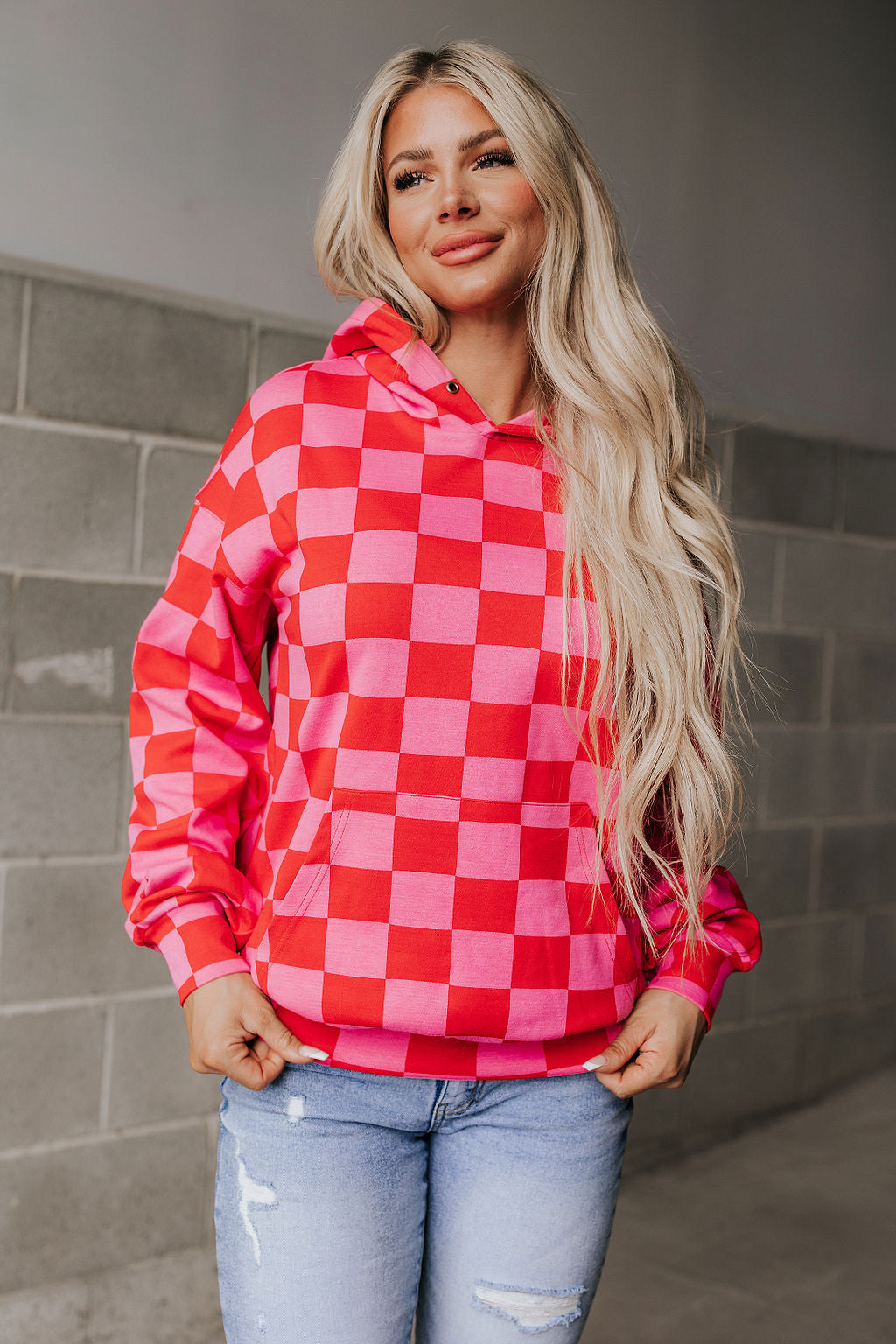 Hoodie Oversized Checked Print Stretch Fabric