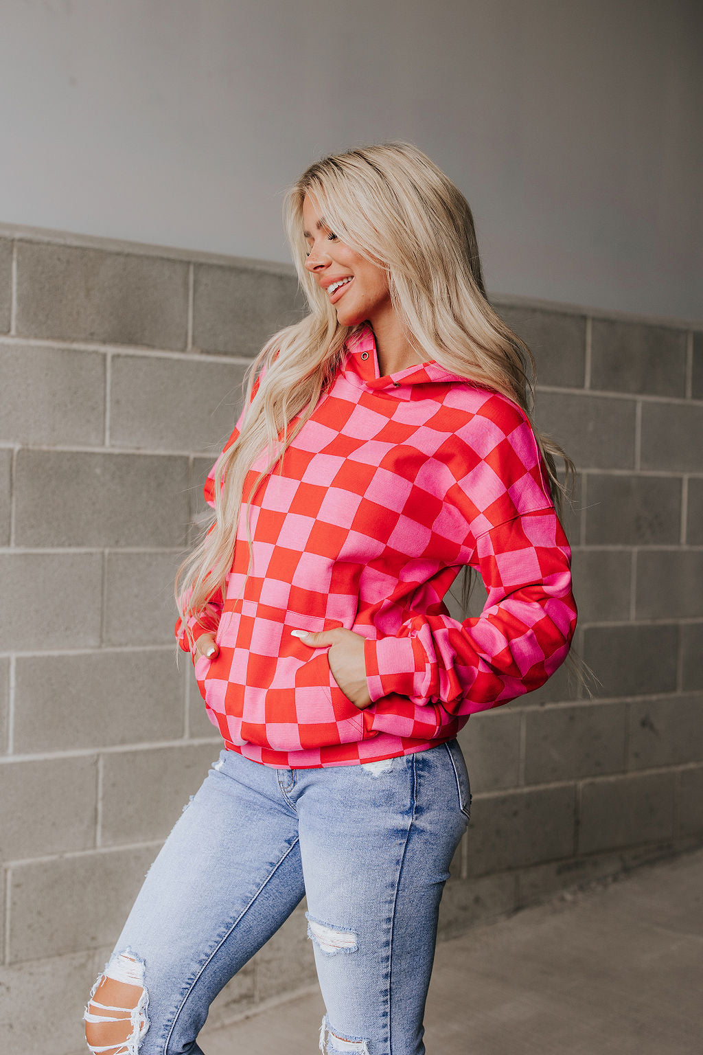 Hoodie Oversized Checked Print Stretch Fabric