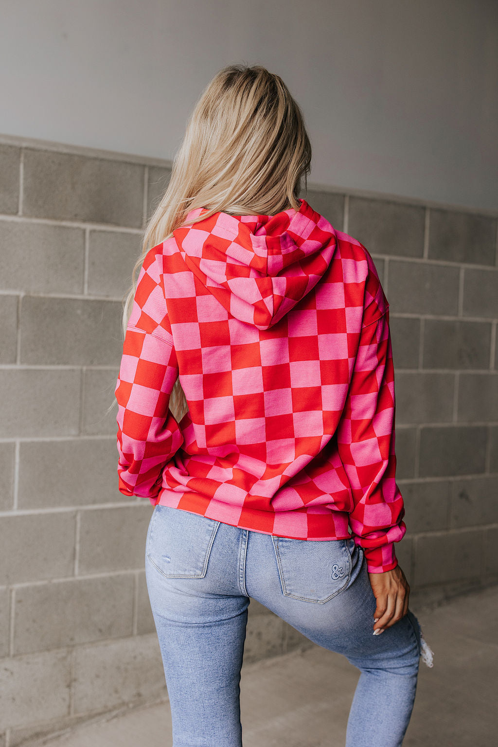 Hoodie Oversized Checked Print Stretch Fabric