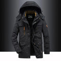 Water-resistant windproof hooded winter parka in black, front view